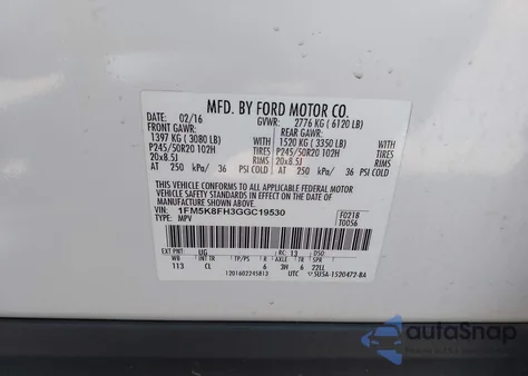 2016 Ford Explorer Limited z USA, uszkodzony, nr VIN 1FM5K8FH3GGC19530